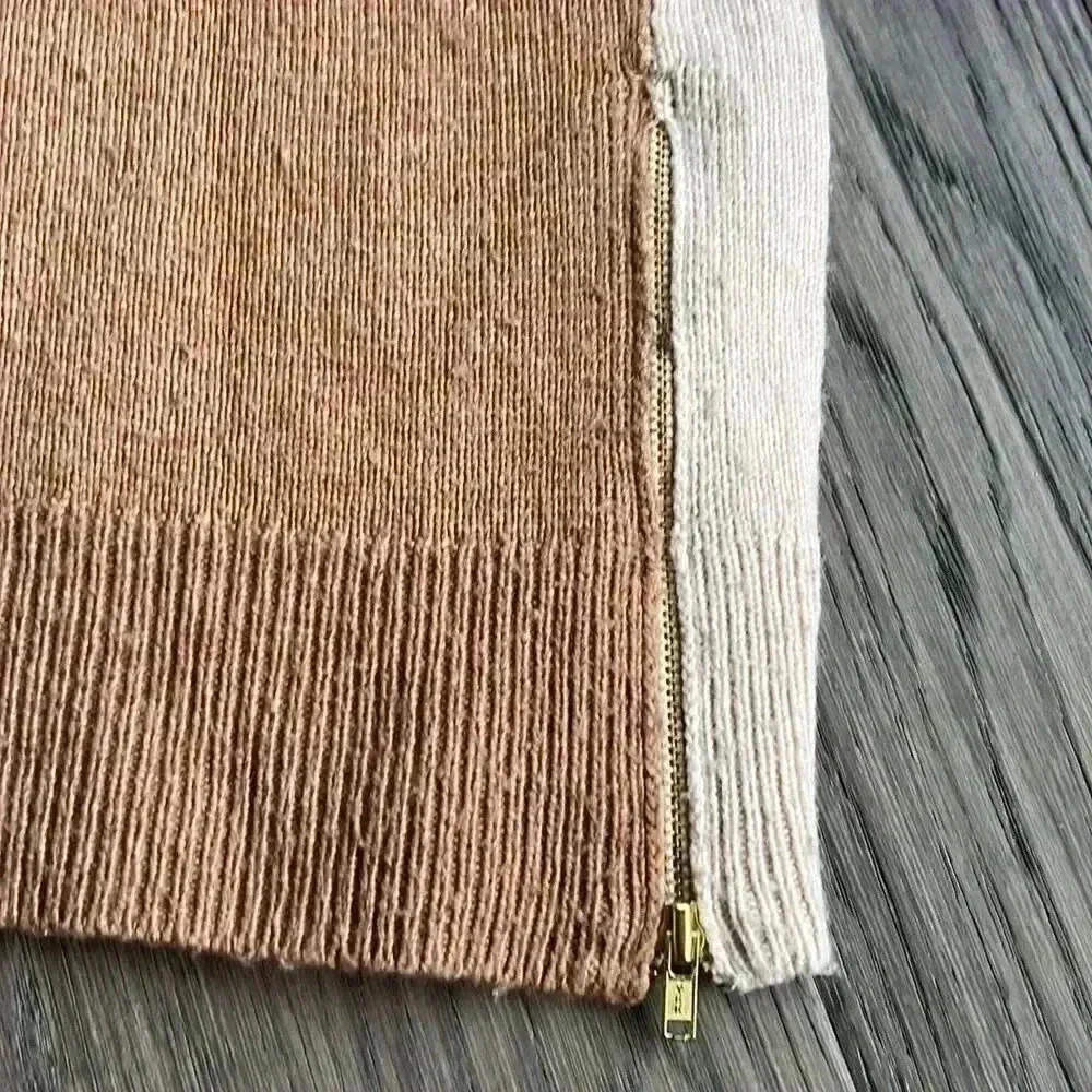 J.CREW | Brown And Cream Merino Wool Blend Crew Neck Sweater With Gold Zippers - Picture 3 of 9